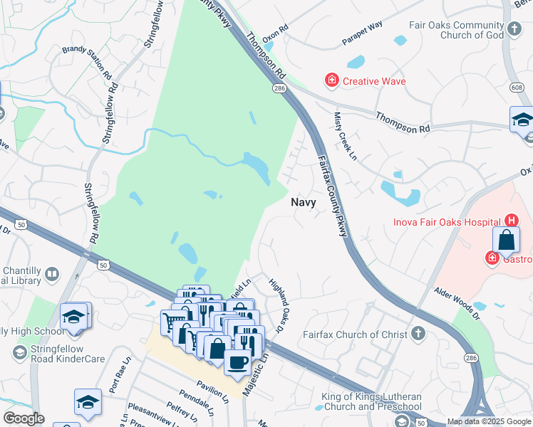 map of restaurants, bars, coffee shops, grocery stores, and more near 3814 Highland Oaks Drive in Fairfax