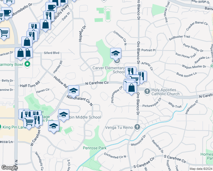 map of restaurants, bars, coffee shops, grocery stores, and more near 4265 North Carefree Circle in Colorado Springs