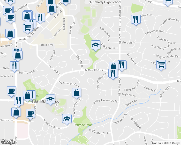 map of restaurants, bars, coffee shops, grocery stores, and more near 4245 North Carefree Circle in Colorado Springs