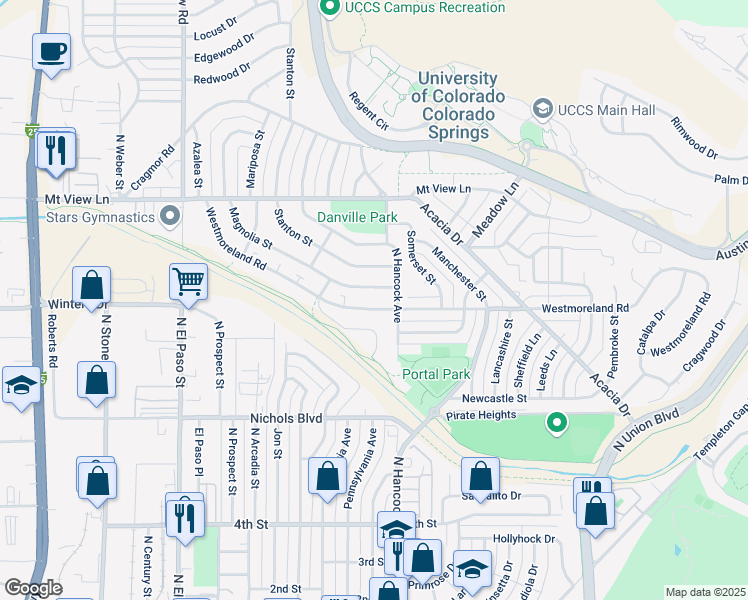 map of restaurants, bars, coffee shops, grocery stores, and more near 1188 Westmoreland Road in Colorado Springs