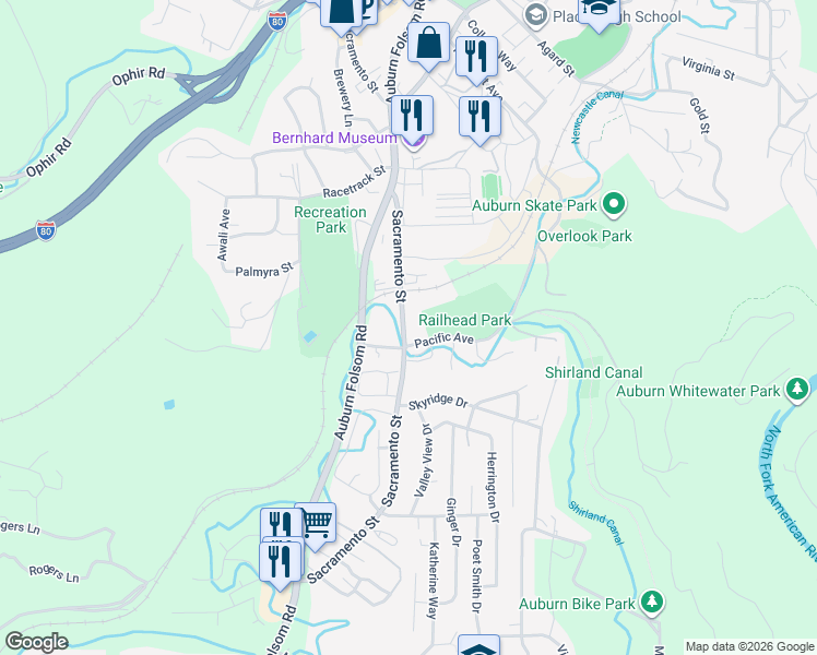 map of restaurants, bars, coffee shops, grocery stores, and more near 383 Sacramento Street in Auburn