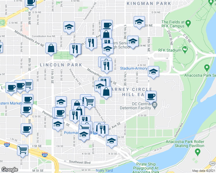 map of restaurants, bars, coffee shops, grocery stores, and more near 101 Independence Avenue Southeast in Washington