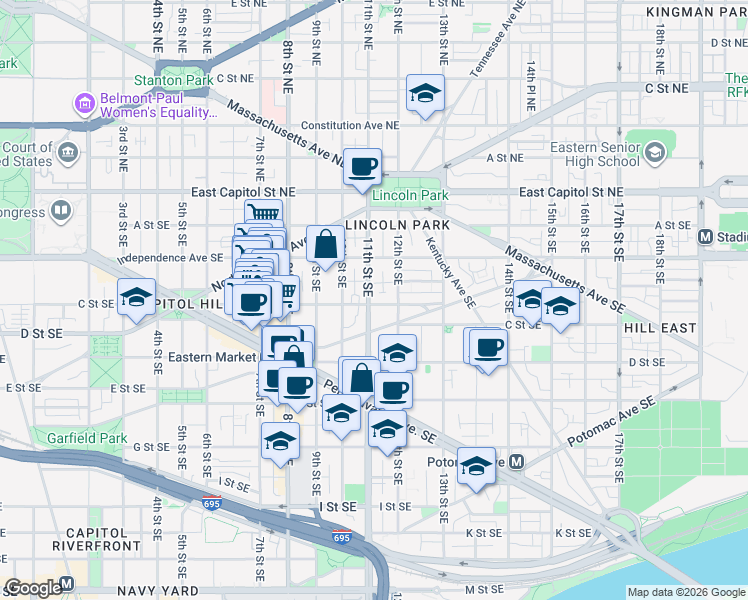 map of restaurants, bars, coffee shops, grocery stores, and more near 101 Independence Avenue Southeast in Washington