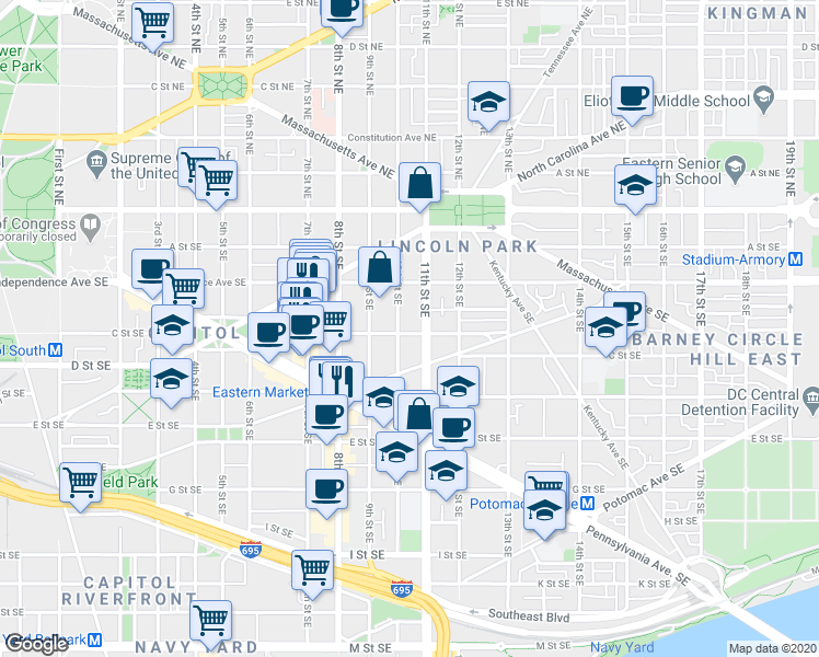 map of restaurants, bars, coffee shops, grocery stores, and more near 101 Independence Avenue Southeast in Washington