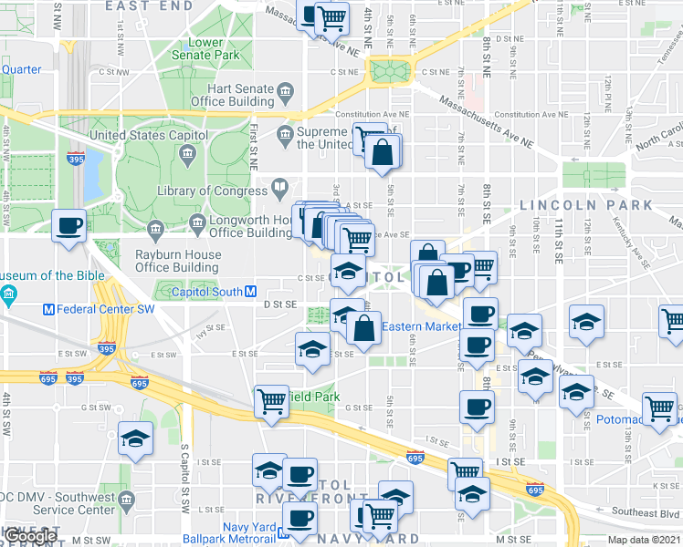 map of restaurants, bars, coffee shops, grocery stores, and more near 101 Independence Avenue Southeast in Washington