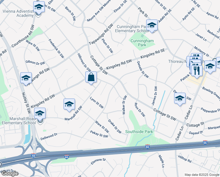 map of restaurants, bars, coffee shops, grocery stores, and more near 403 Yeonas Drive Southwest in Vienna