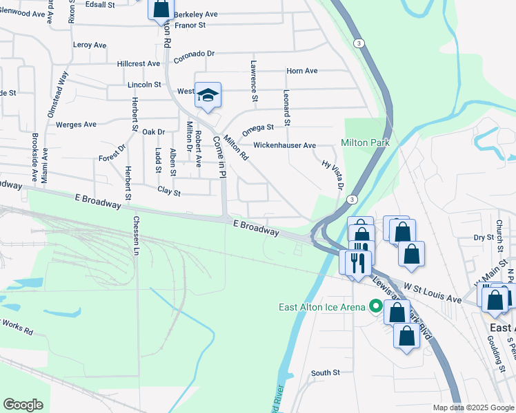 map of restaurants, bars, coffee shops, grocery stores, and more near 3445 Meridocia Street in Alton