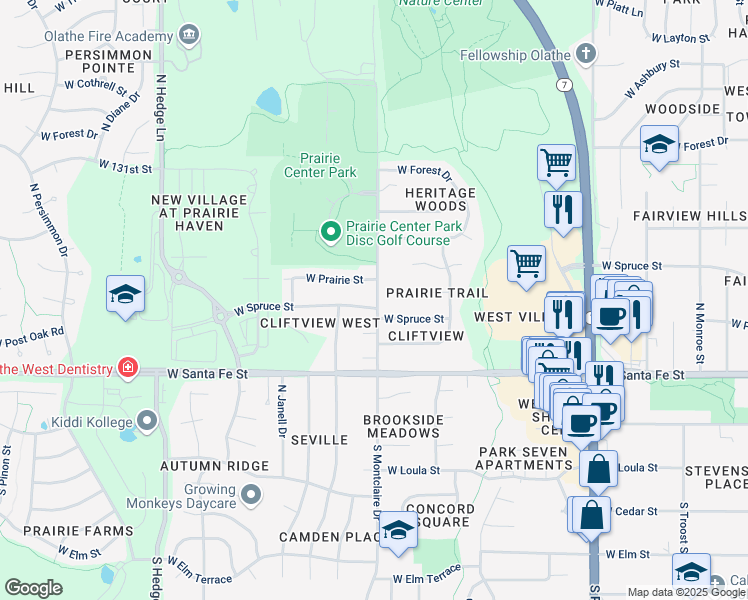 map of restaurants, bars, coffee shops, grocery stores, and more near 1520 West Spruce Street in Olathe