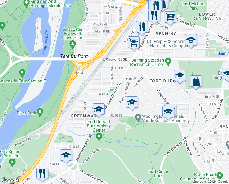 map of restaurants, bars, coffee shops, grocery stores, and more near 3506 Minnesota Avenue Southeast in Washington