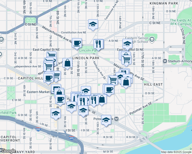 map of restaurants, bars, coffee shops, grocery stores, and more near 101 Independence Avenue Southeast in Washington
