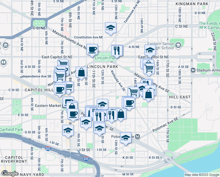 map of restaurants, bars, coffee shops, grocery stores, and more near 1228 C Street Southeast in Washington