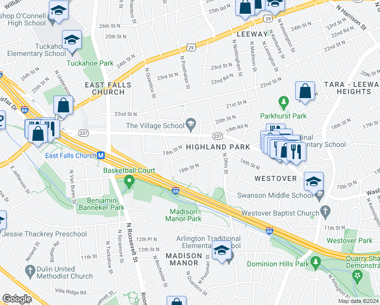 map of restaurants, bars, coffee shops, grocery stores, and more near 6211 18th Road North in Arlington
