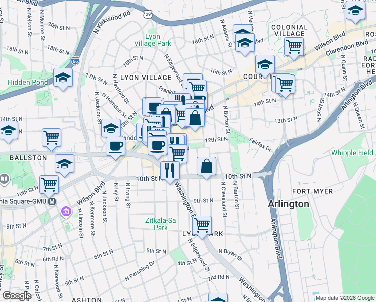 map of restaurants, bars, coffee shops, grocery stores, and more near 1047 North Edgewood Street in Arlington
