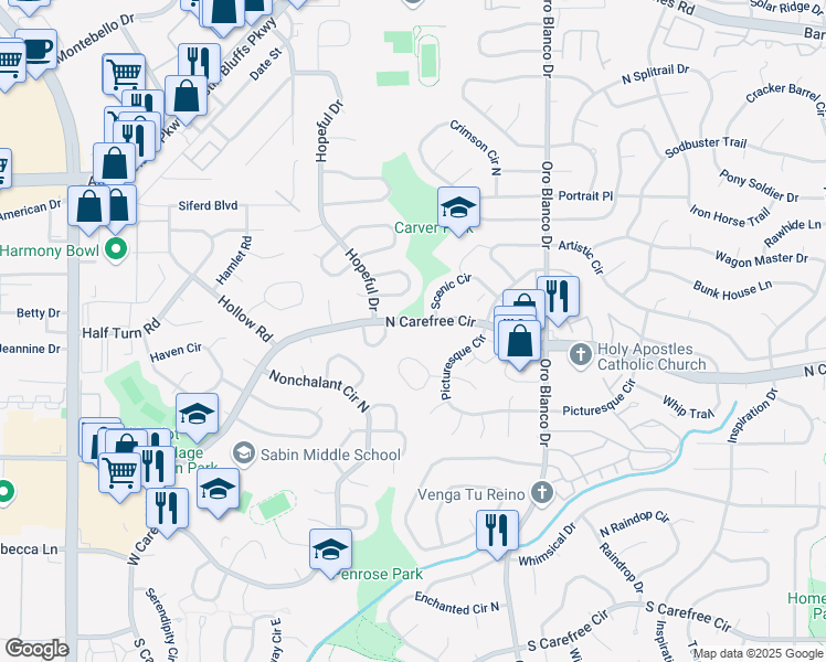 map of restaurants, bars, coffee shops, grocery stores, and more near 4245 North Carefree Circle in Colorado Springs