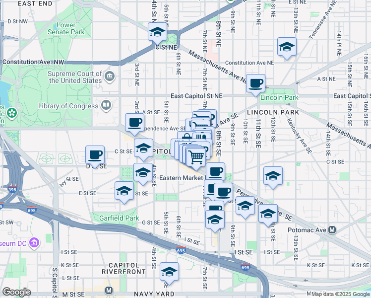 map of restaurants, bars, coffee shops, grocery stores, and more near 101 Independence Avenue Southeast in Washington