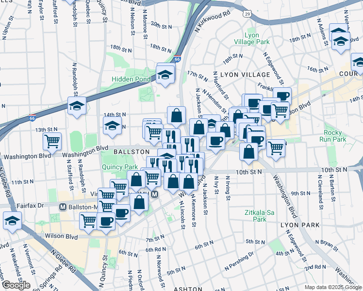 map of restaurants, bars, coffee shops, grocery stores, and more near 3415 Washington Boulevard in Arlington