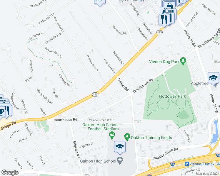 map of restaurants, bars, coffee shops, grocery stores, and more near 2719 Chain Bridge Road in Vienna