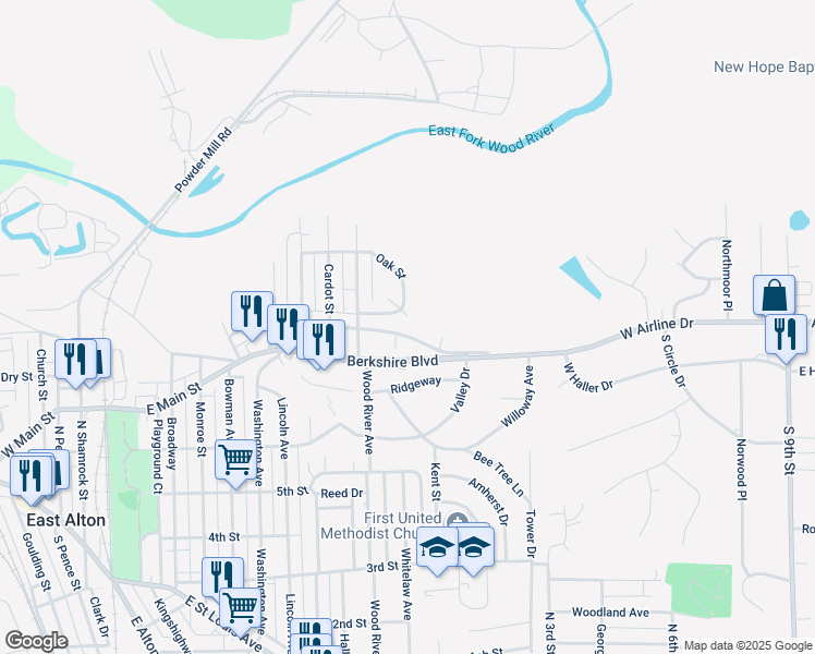 map of restaurants, bars, coffee shops, grocery stores, and more near 433 Oak Street in East Alton