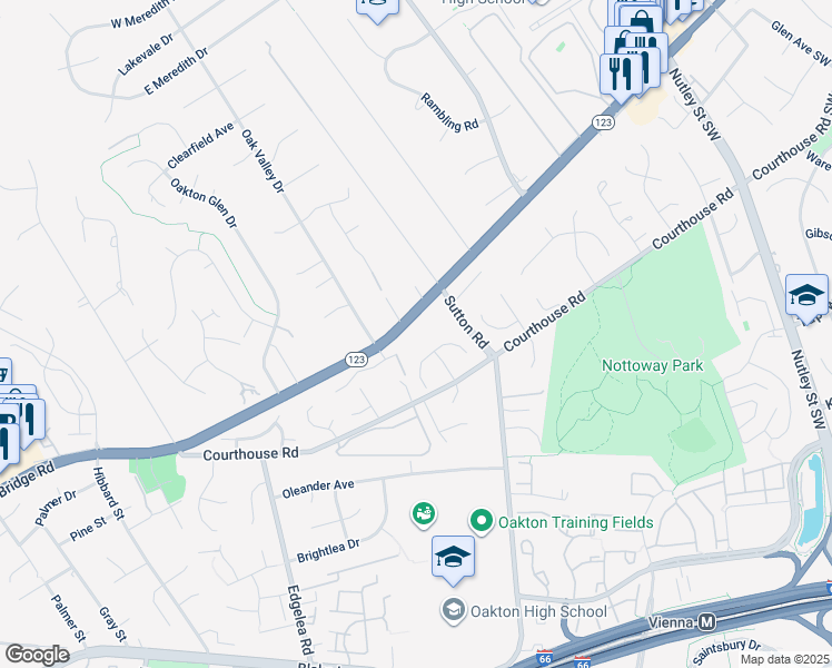 map of restaurants, bars, coffee shops, grocery stores, and more near 2719 Chain Bridge Road in Vienna