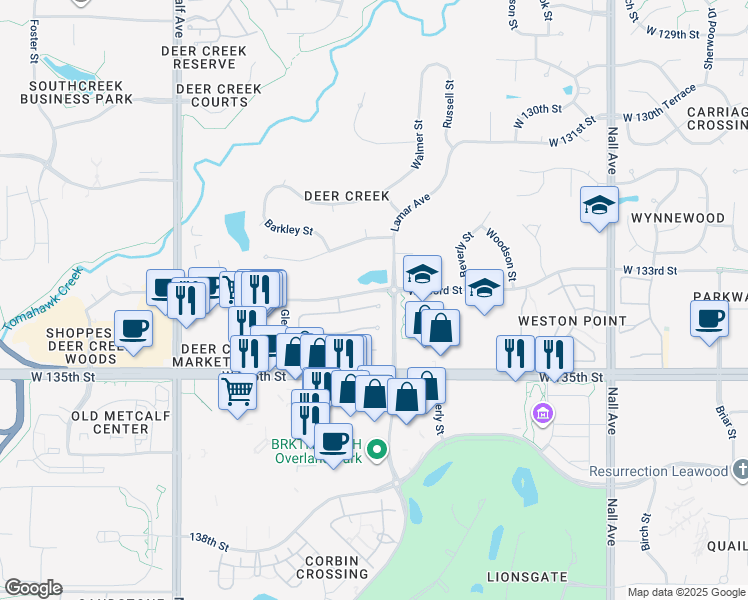 map of restaurants, bars, coffee shops, grocery stores, and more near 6303 West 133rd Terrace in Leawood