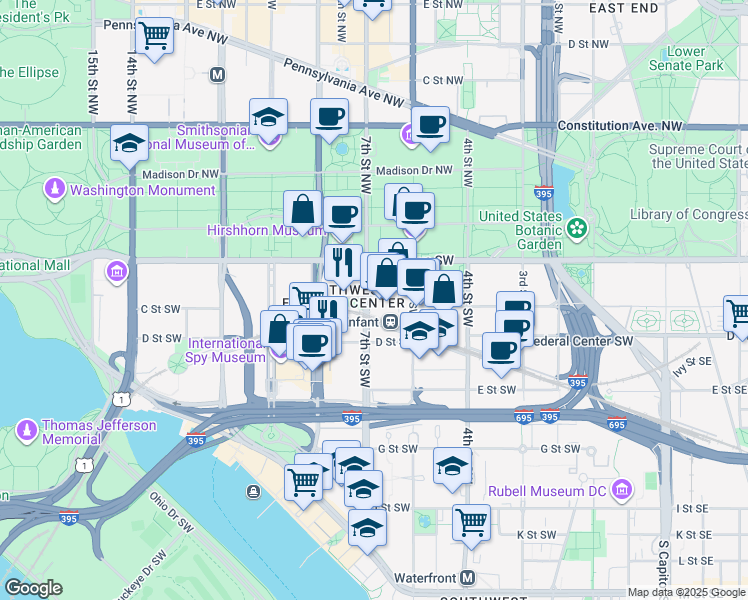 map of restaurants, bars, coffee shops, grocery stores, and more near 600 Maryland Avenue Southwest in Washington