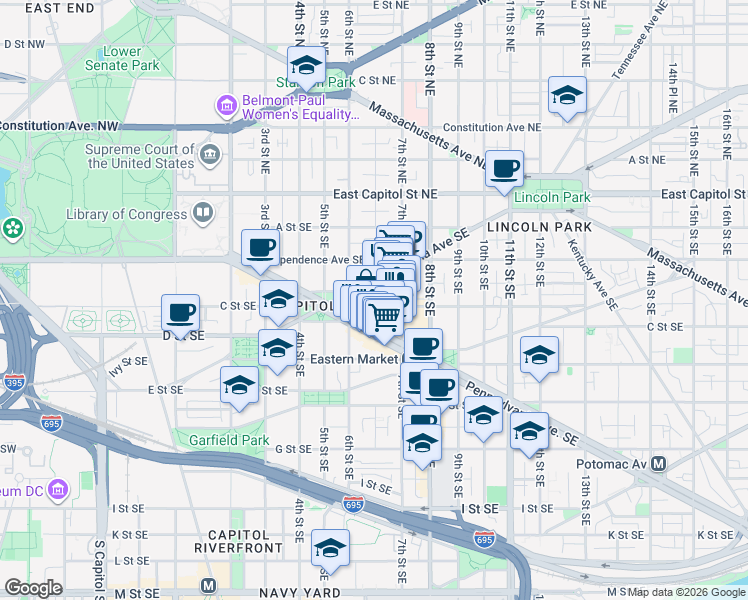 map of restaurants, bars, coffee shops, grocery stores, and more near 101 Independence Avenue Southeast in Washington