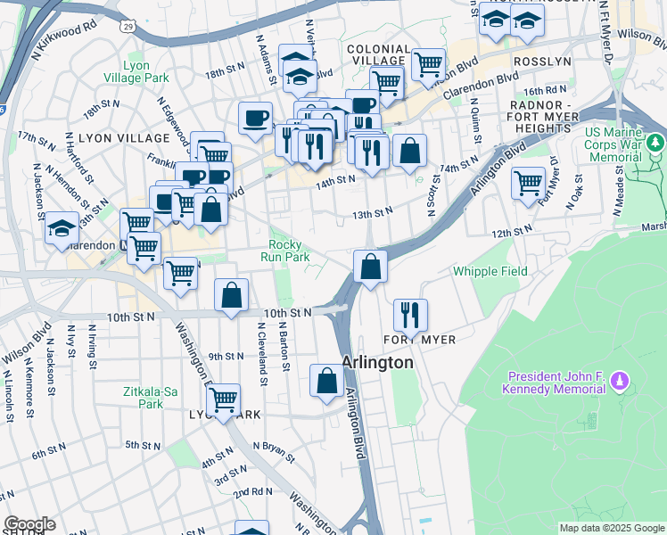 map of restaurants, bars, coffee shops, grocery stores, and more near 2220 Fairfax Drive in Arlington
