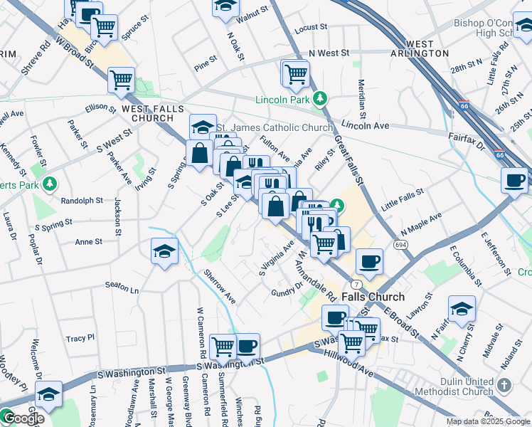 map of restaurants, bars, coffee shops, grocery stores, and more near 513 West Broad Street in Falls Church