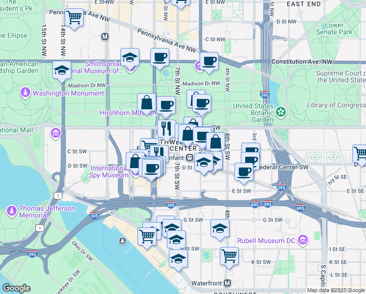 map of restaurants, bars, coffee shops, grocery stores, and more near 600 Maryland Avenue Southwest in Washington