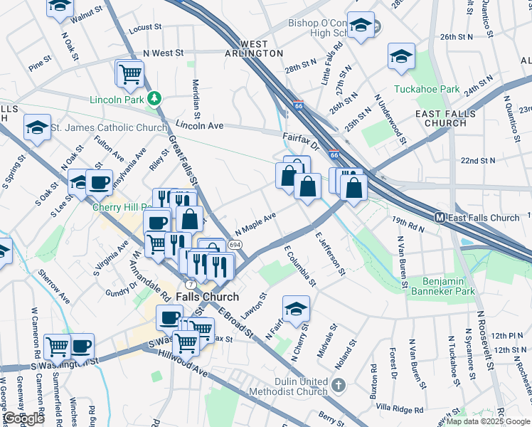 map of restaurants, bars, coffee shops, grocery stores, and more near 329 N Maple Ave in Falls Church