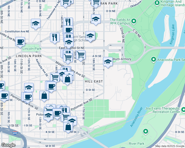 map of restaurants, bars, coffee shops, grocery stores, and more near 223 18th Street Southeast in Washington