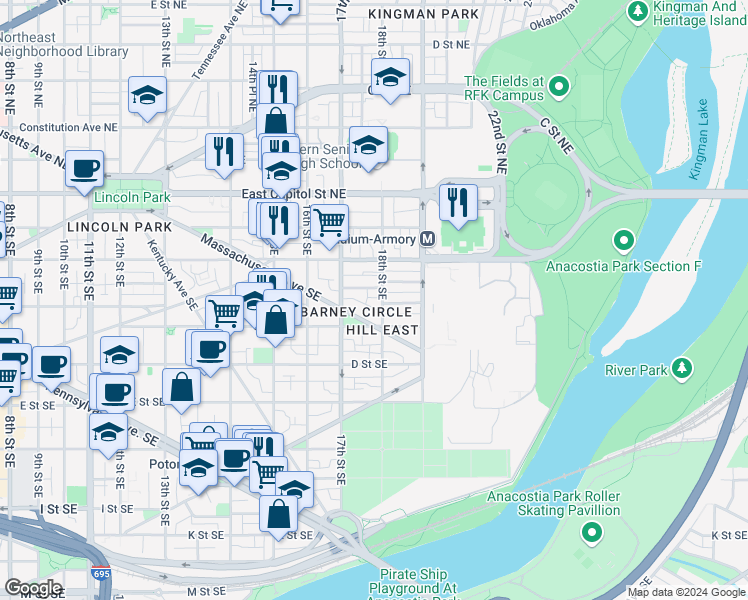 map of restaurants, bars, coffee shops, grocery stores, and more near 223 18th Street Southeast in Washington