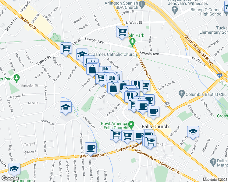map of restaurants, bars, coffee shops, grocery stores, and more near 444 West Broad Street in Falls Church