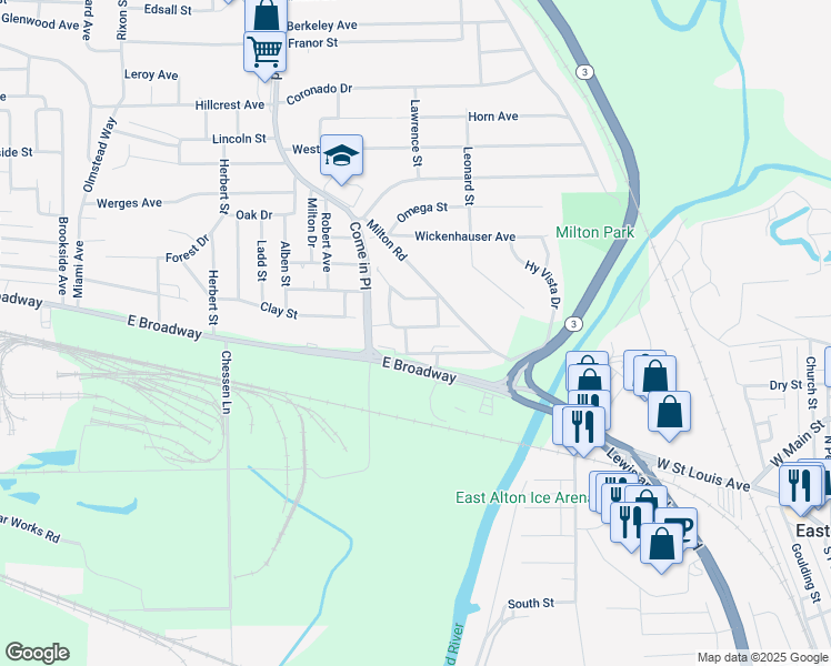 map of restaurants, bars, coffee shops, grocery stores, and more near 3445 Meridocia Street in Alton