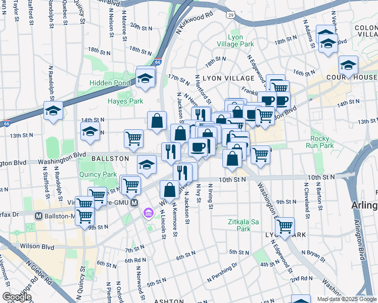 map of restaurants, bars, coffee shops, grocery stores, and more near 3275 Washington Boulevard in Arlington