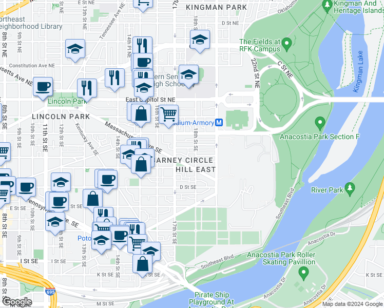 map of restaurants, bars, coffee shops, grocery stores, and more near 223 18th Street Southeast in Washington