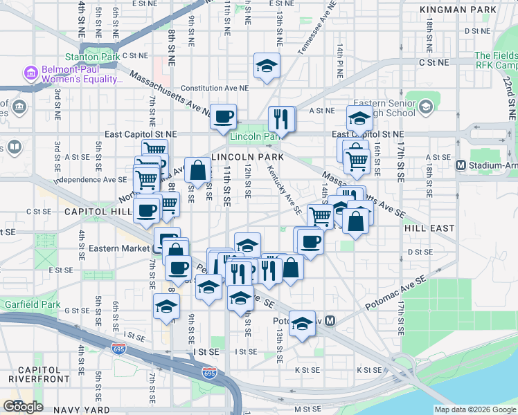 map of restaurants, bars, coffee shops, grocery stores, and more near 101 Independence Avenue Southeast in Washington
