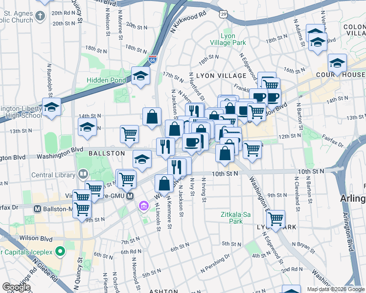 map of restaurants, bars, coffee shops, grocery stores, and more near 3275 Washington Boulevard in Arlington