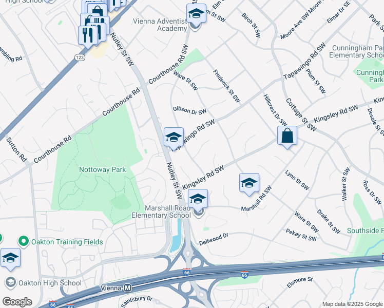 map of restaurants, bars, coffee shops, grocery stores, and more near 806 Meadow Lane Southwest in Vienna