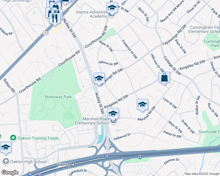 map of restaurants, bars, coffee shops, grocery stores, and more near 806 Meadow Lane Southwest in Vienna