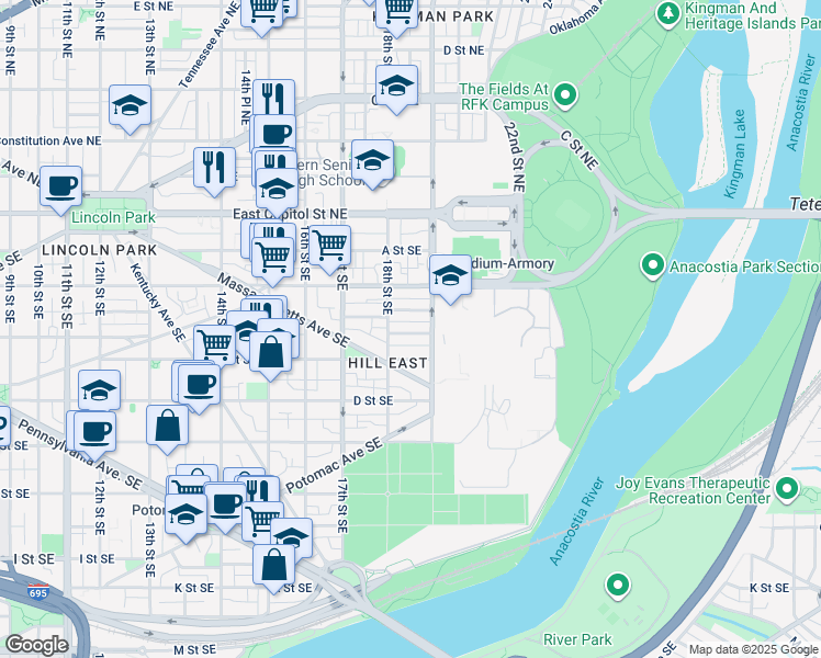 map of restaurants, bars, coffee shops, grocery stores, and more near 1824 Burke Street Southeast in Washington
