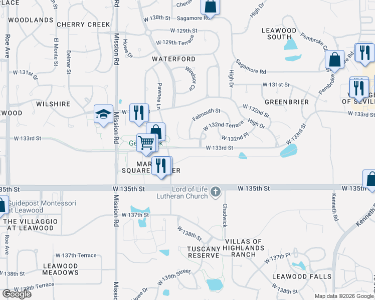 map of restaurants, bars, coffee shops, grocery stores, and more near 3381 West 132nd Place in Leawood