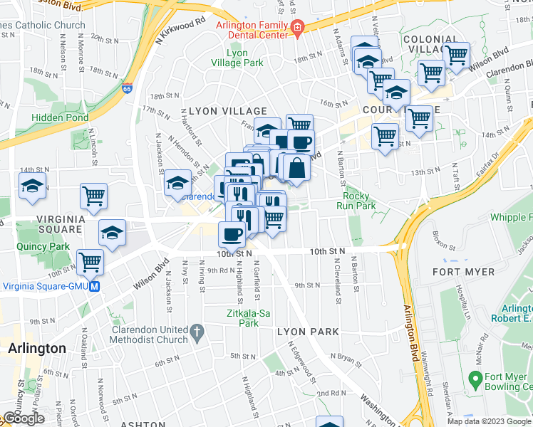 map of restaurants, bars, coffee shops, grocery stores, and more near N Fillmore St & 11th St N in Arlington