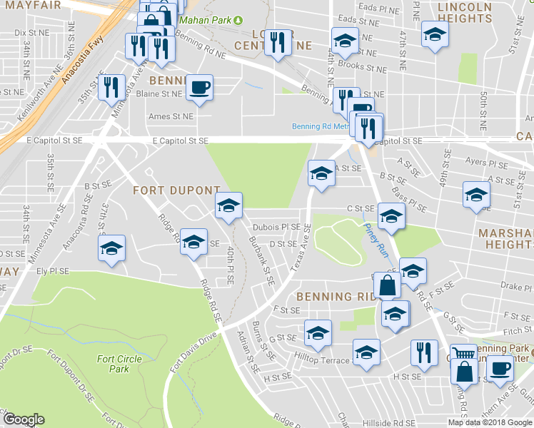 map of restaurants, bars, coffee shops, grocery stores, and more near 4363 C Street Southeast in Washington