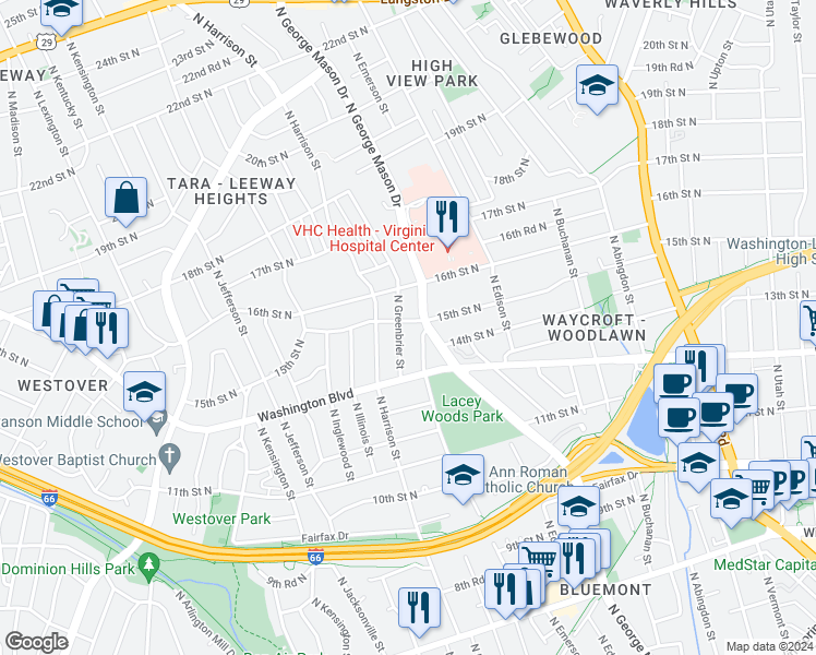 map of restaurants, bars, coffee shops, grocery stores, and more near 1423 North Greenbrier Street in Arlington