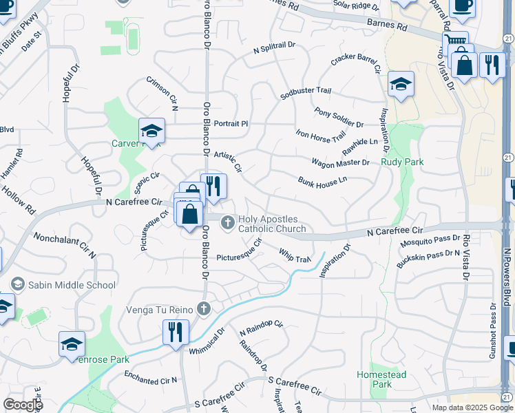 map of restaurants, bars, coffee shops, grocery stores, and more near 4826 Castledown Road in Colorado Springs