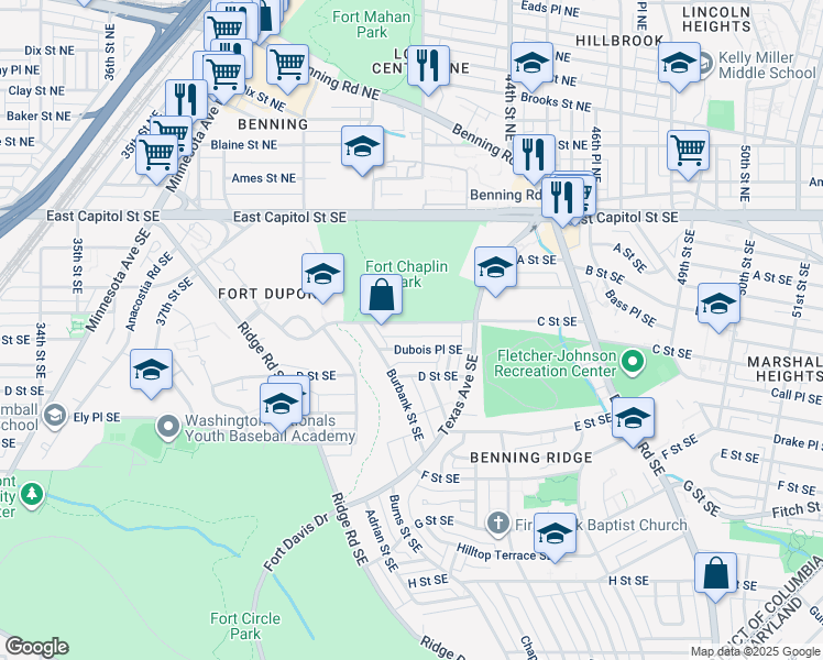 map of restaurants, bars, coffee shops, grocery stores, and more near 4363 C Street Southeast in Washington