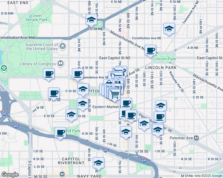 map of restaurants, bars, coffee shops, grocery stores, and more near 101 Independence Avenue Southeast in Washington