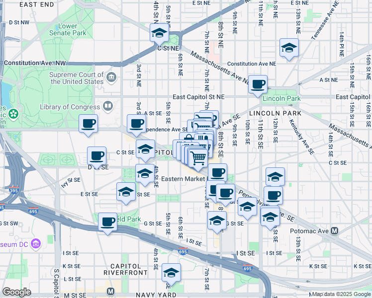 map of restaurants, bars, coffee shops, grocery stores, and more near 101 Independence Avenue Southeast in Washington