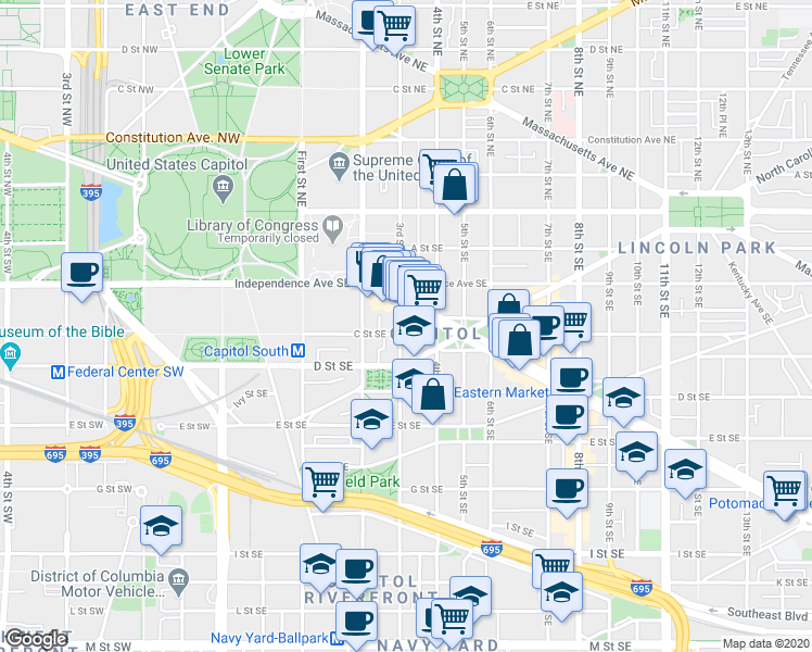 map of restaurants, bars, coffee shops, grocery stores, and more near 101 Independence Avenue Southeast in Washington